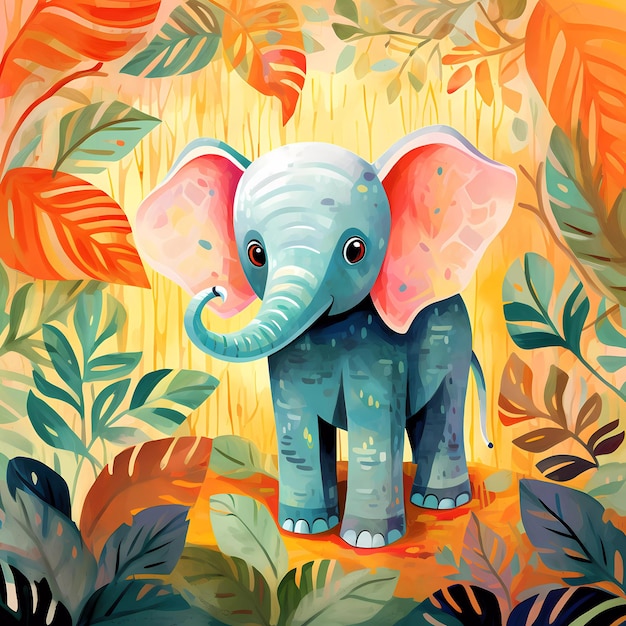 éléphant mignon dans la jungle tropicale pour l'élément d'anniversaire d'affiche de livre d'enfants de livre de contes