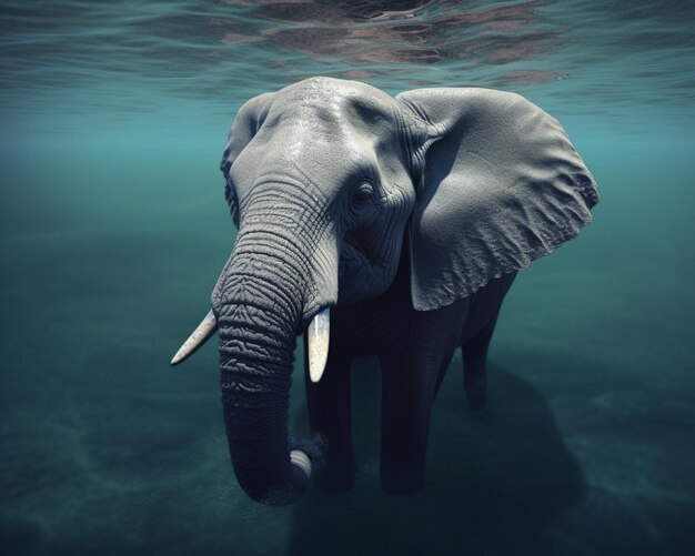 Un éléphant nage dans l’eau avec sa trompe recroquevillée.