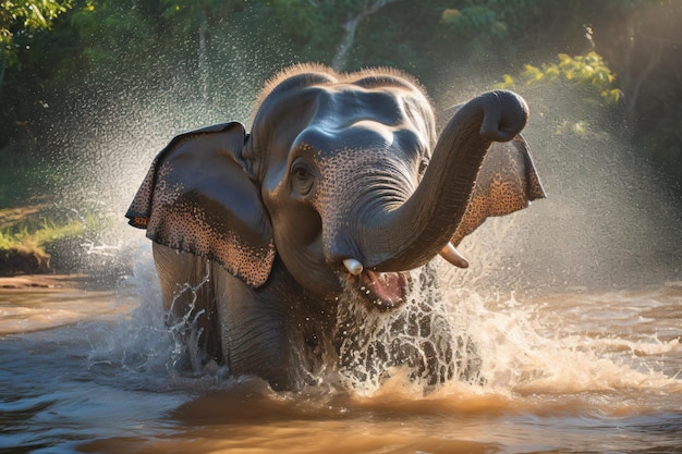 un éléphant patauge dans l'eau