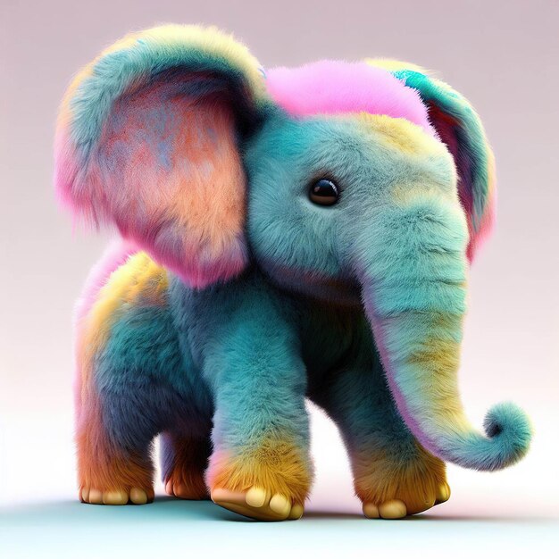 Un éléphant en peluche coloré avec un nez rose et un nez rose.