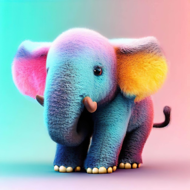 Un éléphant en peluche coloré avec une oreille rose.