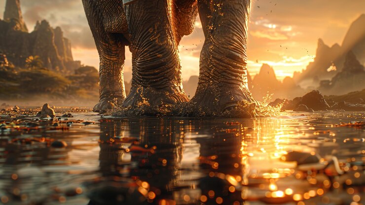 Photo elephant les pieds dans un lac sous un coucher de soleil rougeatre photoréaliste