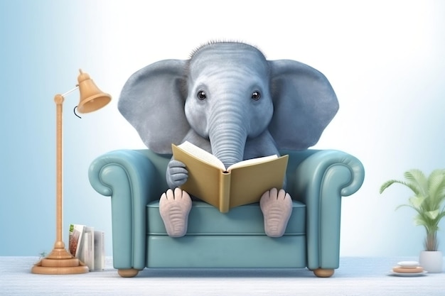 Un éléphant qui apprend à lire un livre sur un canapé