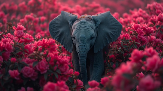 Un éléphant qui marche dans un champ de fleurs roses.