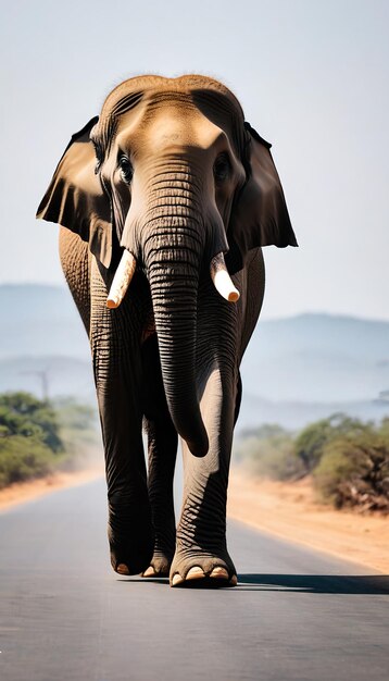 Un éléphant qui marche sur la route.