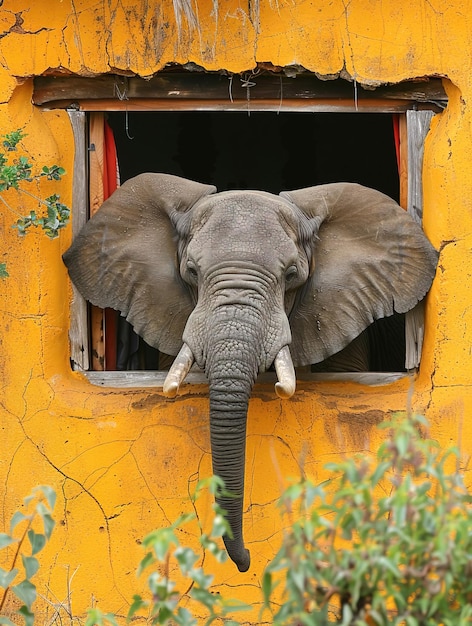 Un éléphant regarde par la fenêtre d'une vieille maison Des animaux intéressants