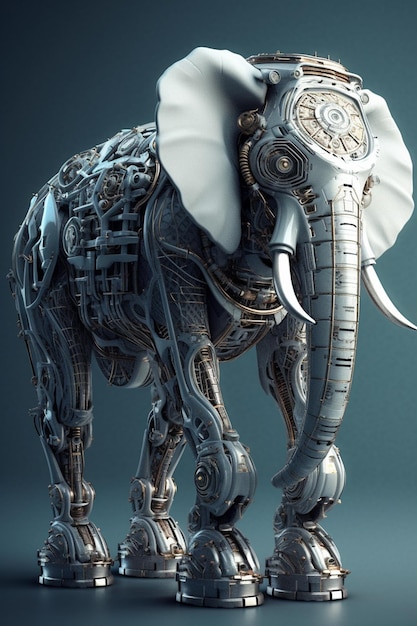 Un éléphant robot avec une tête blanche et une chaîne en argent autour du cou.