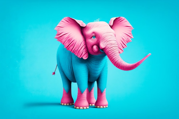 Éléphant rose et bleu debout sur le sol bleu à côté du mur bleu Generative AI