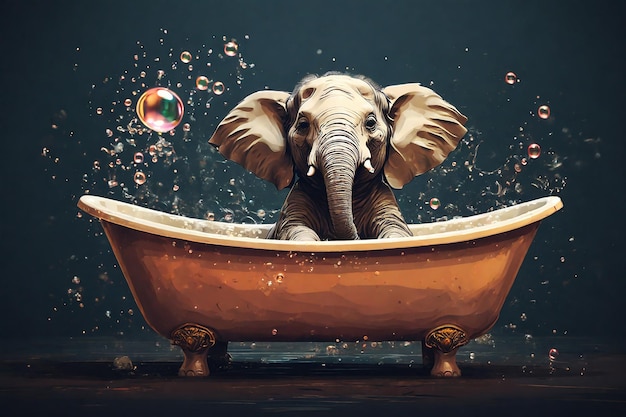 Un éléphant se baigne dans une baignoire avec des bulles de savon sur un fond sombre
