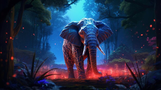 Photo un éléphant se promène à travers une forêt d'illustration lumineuse au néon.