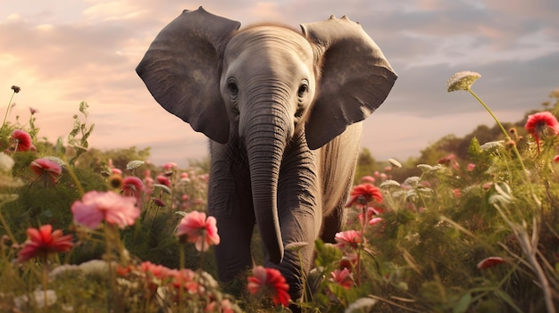 Un éléphant se tenant gracieusement au milieu d’un champ vibrant de fleurs épanouies