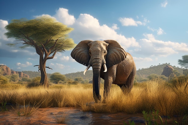Un éléphant se tient dans un champ avec un arbre en arrière-plan.