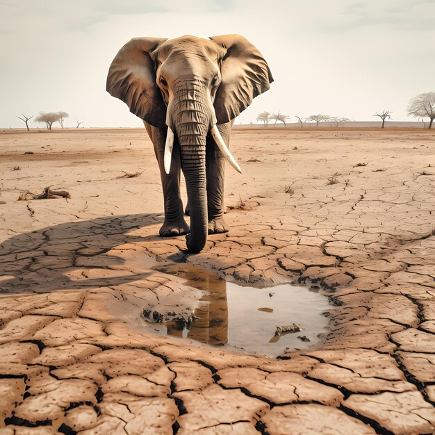 Un éléphant se tient devant une flaque d'eau qui se dessèche dans le désert.