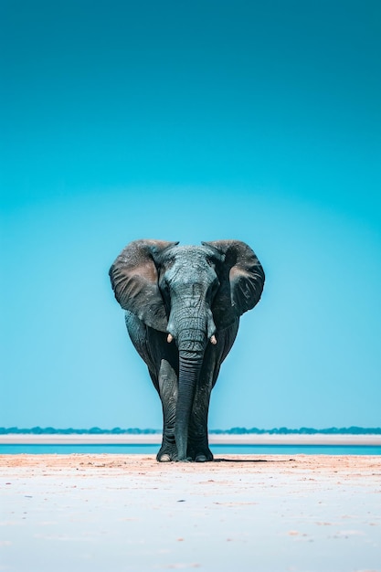 Un éléphant se tient sur la plage avec sa trompe suspendue.