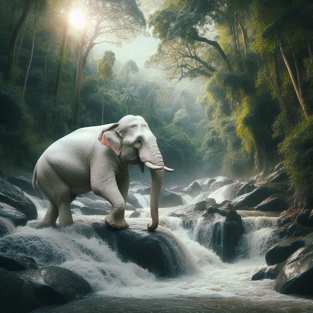 un éléphant se tient sur un rocher dans une chute d'eau