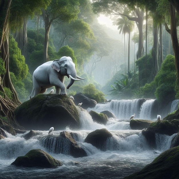 un éléphant se tient sur un rocher devant une chute d'eau