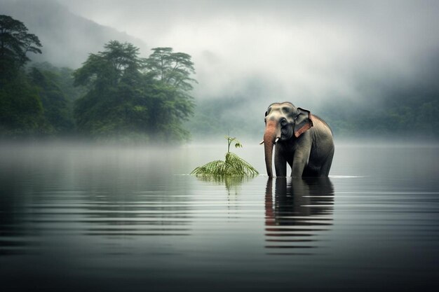 Photo un éléphant solitaire se tient sur un lac brumeux