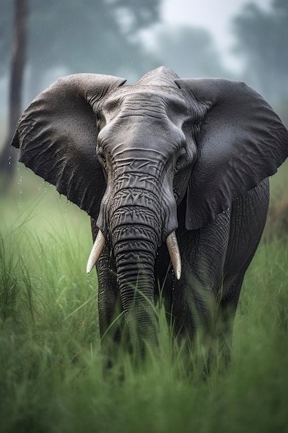 un éléphant sous la pluie dans l'herbe