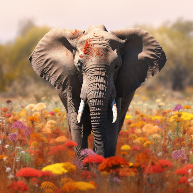 Un éléphant avec une tache rouge sur la tête traverse un champ de fleurs.