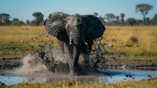 Un éléphant travaillant à travers une prairie boueuse