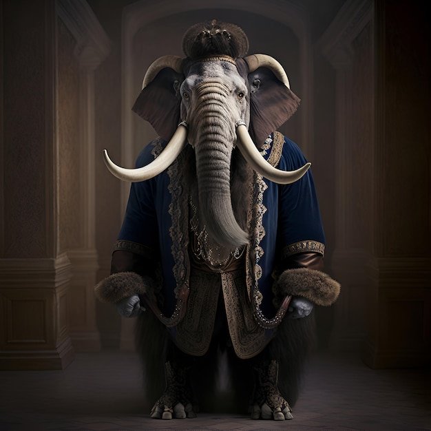 Un éléphant avec une veste bleue et un chapeau