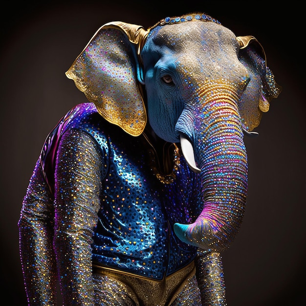 Photo un éléphant vêtu d'un costume bleu avec une chaîne en or autour du cou.