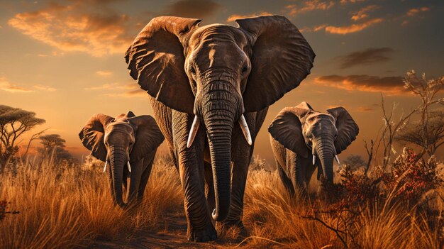 Des éléphants africains marchent dans un champ d'herbe sèche.