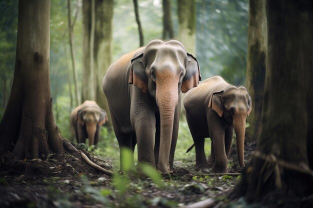 Des éléphants de Bornéo dans une clairière forestière