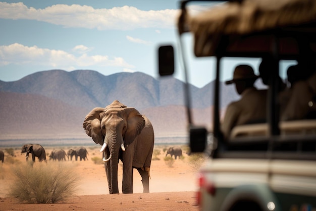 Des éléphants géants se promènent dans les plaines africaines Des jeeps transportent des passagers à travers le safari sauvage Generative AI