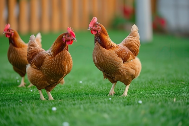 élevage de poulets bruns et agriculture sur un champ d'herbe ou en plein air poulets ou poules sur un pré vert c