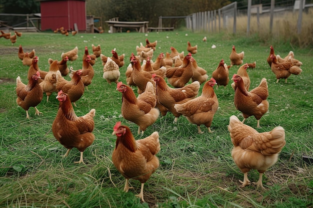 élevage de poulets bruns et agriculture sur un champ d'herbe ou en plein air poulets ou poules sur un pré vert c