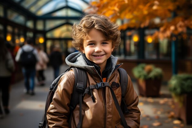 L'élève dans une cour d'école L'élève se tient à moitié tourné vers la caméra Il regarde dans un