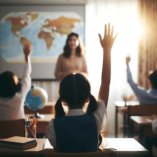 Photo un élève lève la main en classe