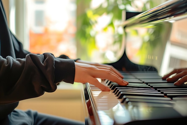 Photo un élève pratique des gammes et des accords sur un piano à queue sous la direction d'un instructeur qualifié.