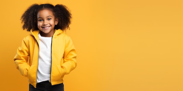 Un élève de première année dans une veste jaune sourit et se tient sur un fond jaune