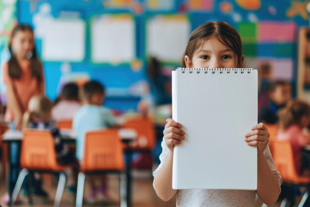 Photo un élève de troisième année de mock-up tenant un cahier blanc devant une salle de classe occupée