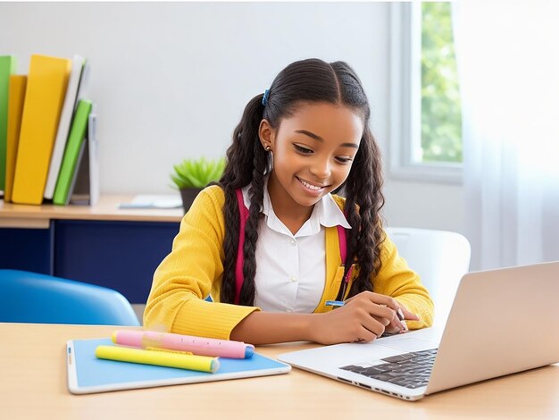Une élève vibrante qui étudie avec un ordinateur portable son visage s'illumine d'un sourire joyeux