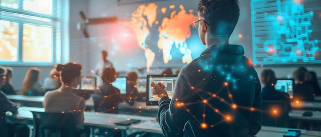 Des élèves dans une salle de classe avec une superposition illustrée d'informations numériques