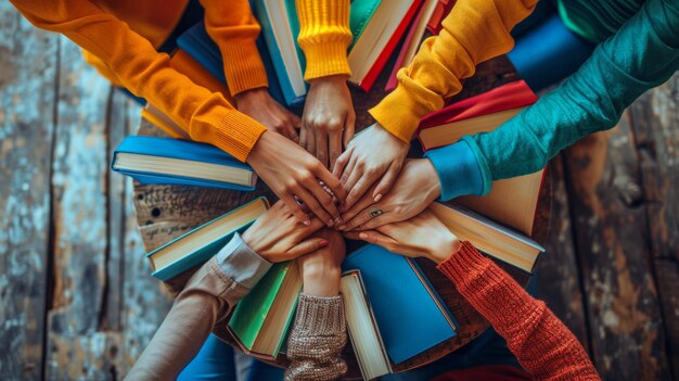 Photo des élèves divers avec les mains sur des livres dans un cercle montrant l'esprit d'équipe