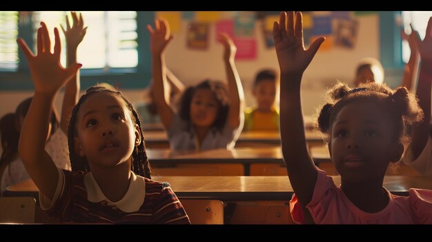 Photo des élèves d'école primaire afro-américains avec les mains levées assis à leur bureau en classe ia générative