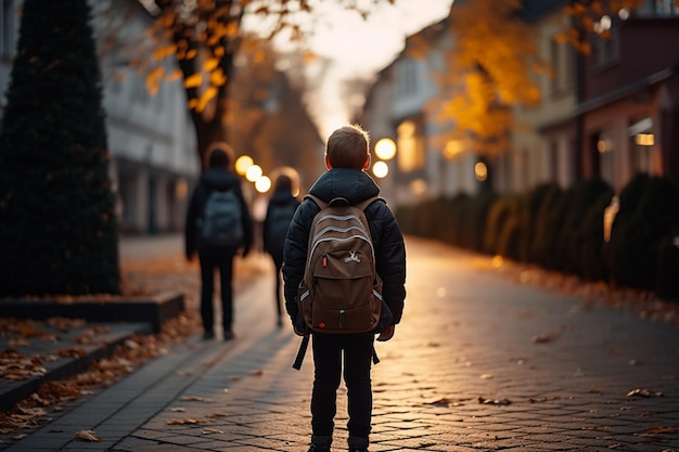 Des élèves de l'école primaire mignons à l'arrière d'une rue du soir