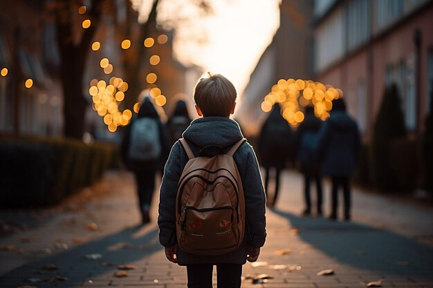 Des élèves de l'école primaire mignons à l'arrière d'une rue du soir