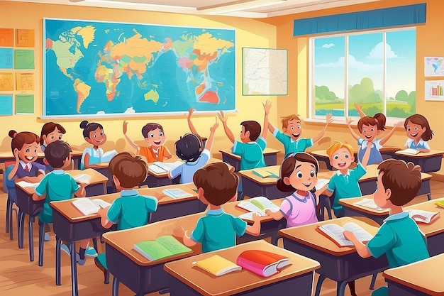 Les élèves étudient dans la salle de classe L'intérieur de l'école Illustration de l'éducation Les élèves lèvent la main