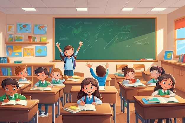 Les élèves étudient dans la salle de classe L'intérieur de l'école Illustration de l'éducation Les élèves lèvent la main