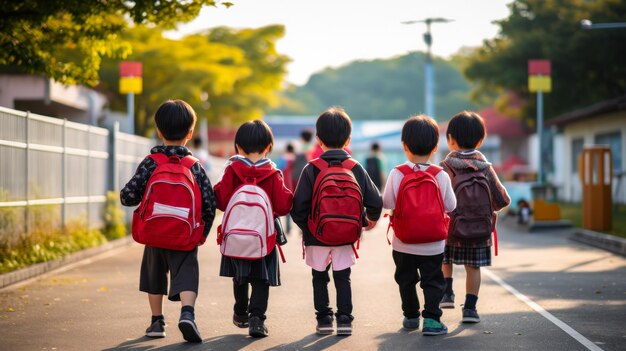 Les élèves de première année chinois vont à l'école les enfants asiatiques à l'arrière vue générative ai