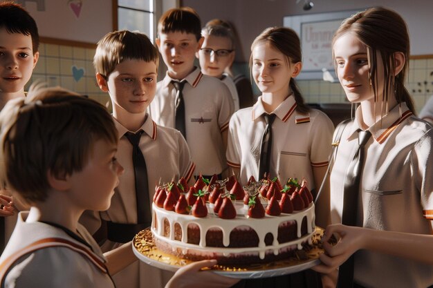 Des élèves présentent un gâteau à leur professeur.