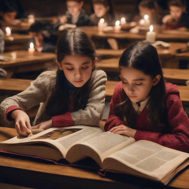 Des élèves regardent une page d'un livre intéressant