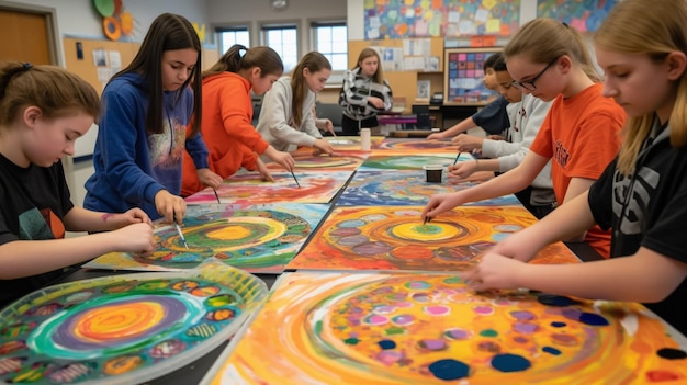 Les élèves travaillent sur un tableau dans une salle de classe.