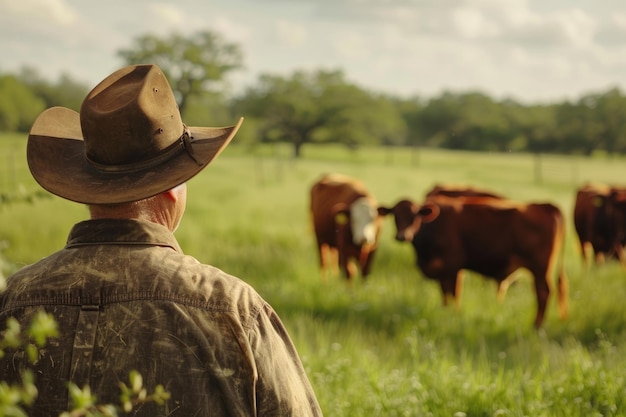 Un éleveur de bétail s'occupe d'animaux dans la campagne du Texas