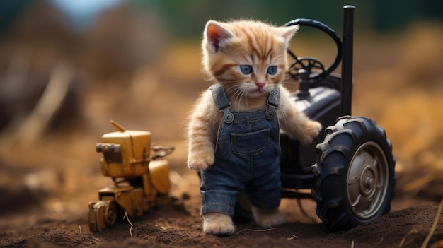 Un éleveur de chats avec un petit tracteur en arrière-plan